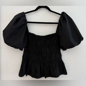 ASTR The Label Black Savina Puff Sleeve Square Neck Smocked Peplum Top Size M
